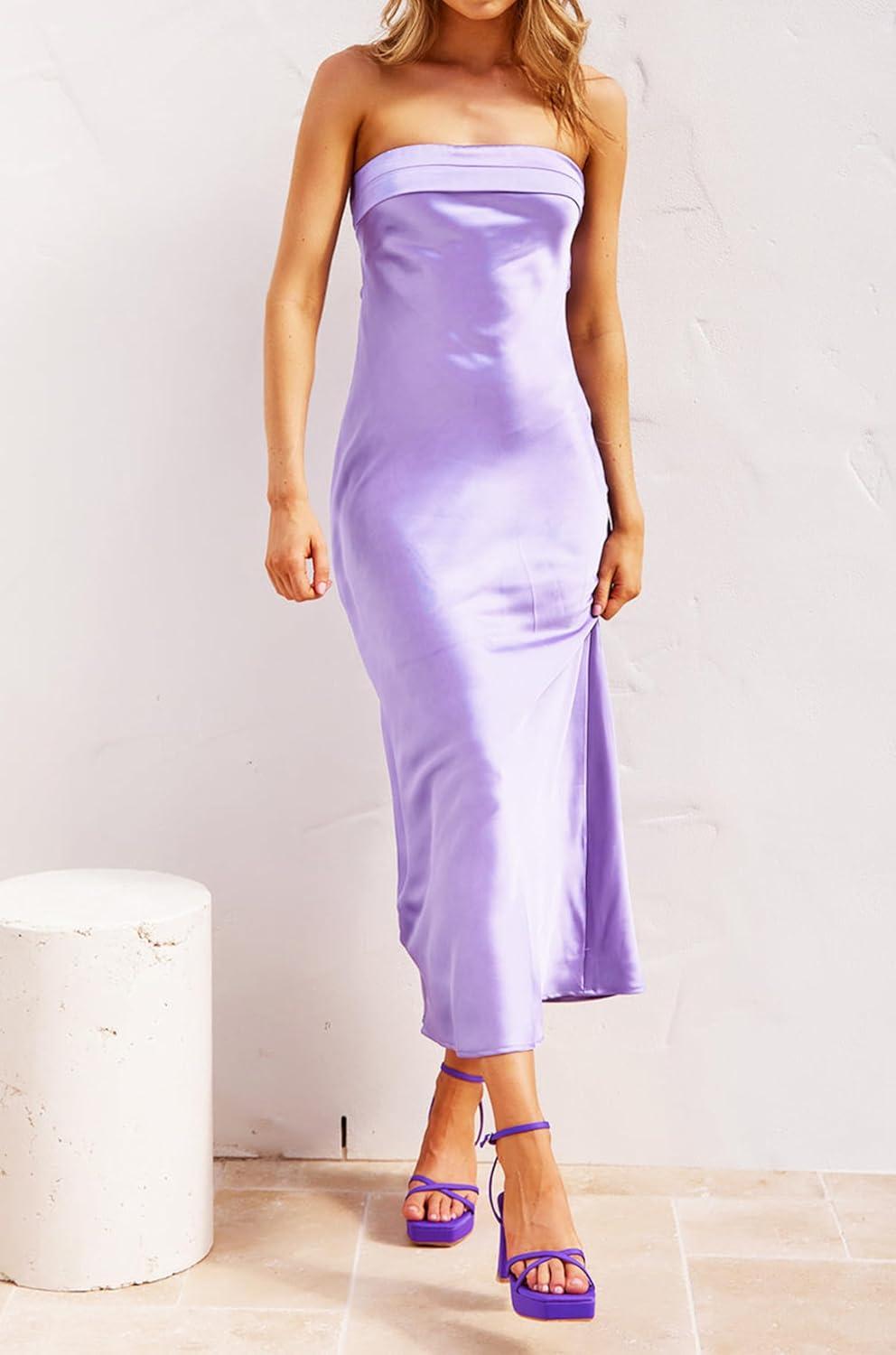 imageMEROKEETY Womens Cocktail Dresses Summer 2026 Satin Strapless Tube Bodycon Backless Wedding Guest Formal Party Maxi DressPurple