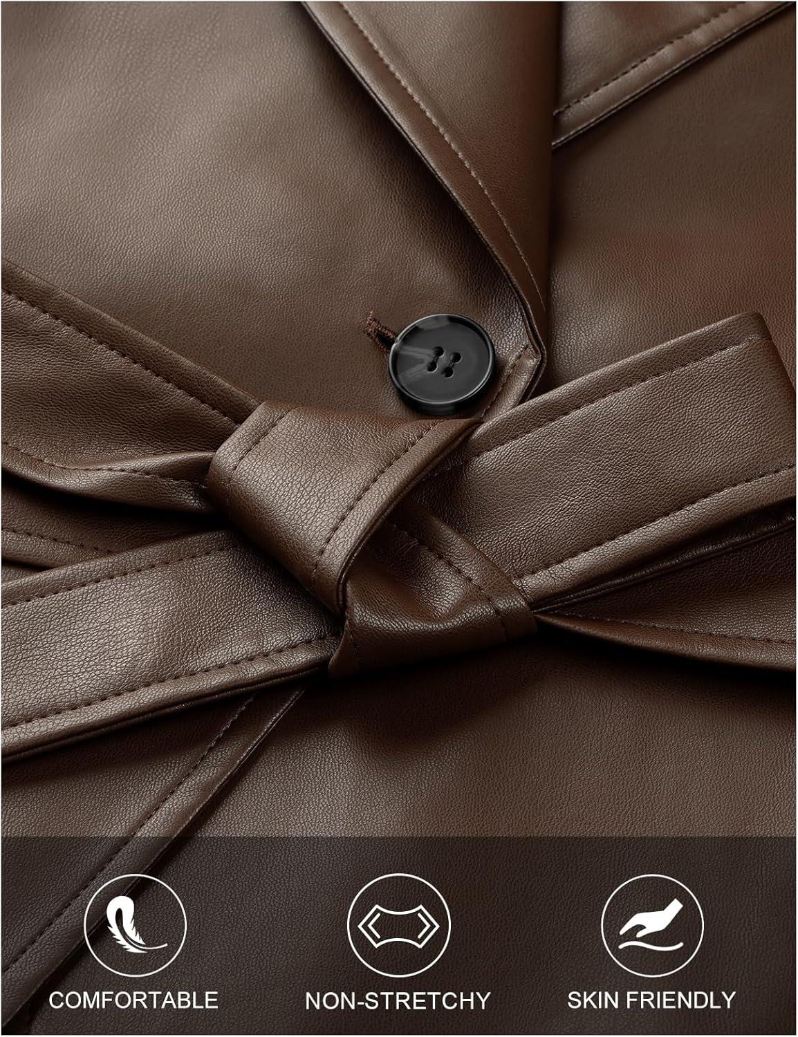 imageMEROKEETY Womens Fall Fashion 2025 Leather Jacket Casual Belt Button Down Blazer Trendy Coat OuterwearBrown