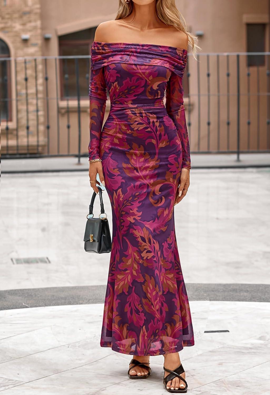 imageMEROKEETY Womens Fall Off Shoulder Floral Maxi Dresses Formal Long Sleeve Bodycon Cocktail Wedding Guest DressPurple