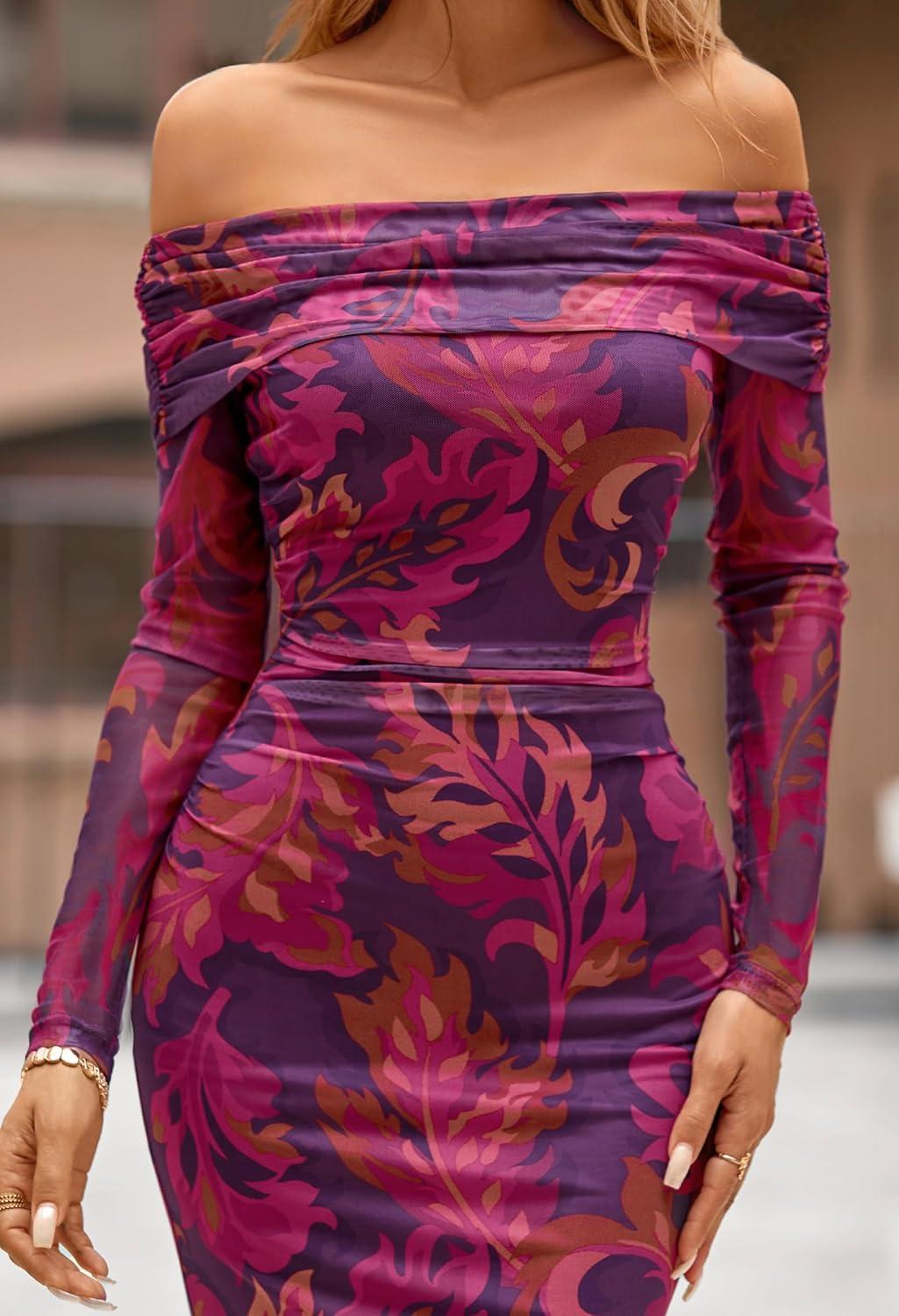 imageMEROKEETY Womens Fall Off Shoulder Floral Maxi Dresses Formal Long Sleeve Bodycon Cocktail Wedding Guest DressPurple
