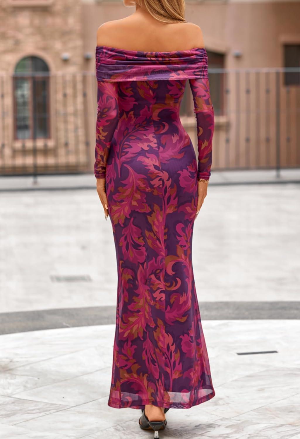 imageMEROKEETY Womens Fall Off Shoulder Floral Maxi Dresses Formal Long Sleeve Bodycon Cocktail Wedding Guest DressPurple