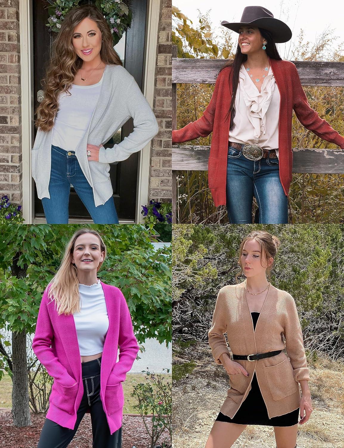 imageMEROKEETY Womens Fall Winter Cardigan Sweaters Lightweight Open Front Waffle Knit Sweaters with PocketsDustypink