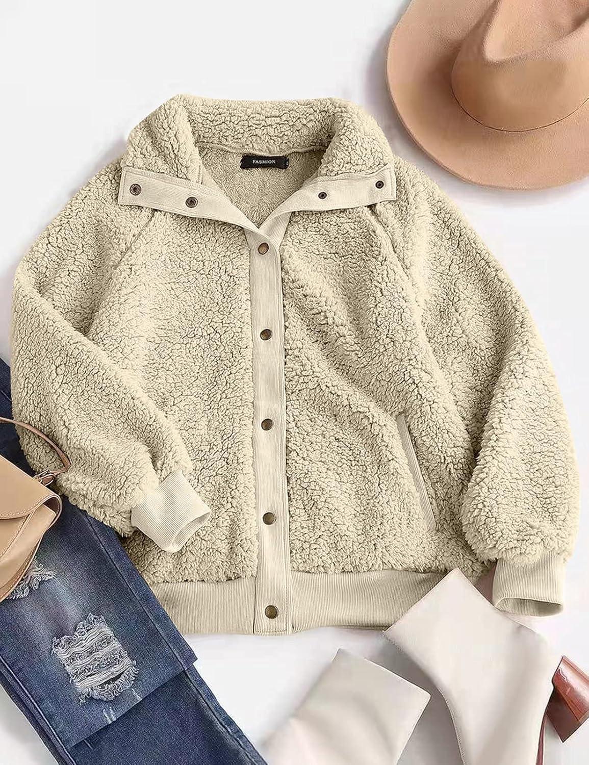 imageMEROKEETY Womens Fleece Sherpa Jacket Fall Winter Coats 2026 Fuzzy Button Down Warm Outerwear with PocketsBeige