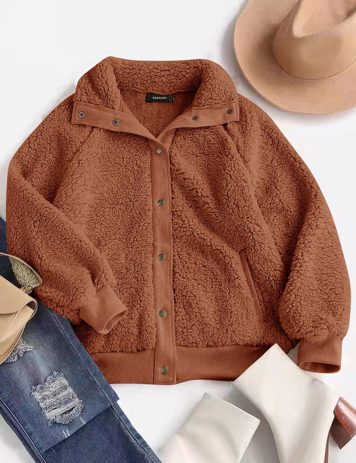 imageMEROKEETY Womens Fleece Sherpa Jacket Fall Winter Coats 2026 Fuzzy Button Down Warm Outerwear with PocketsCaramel