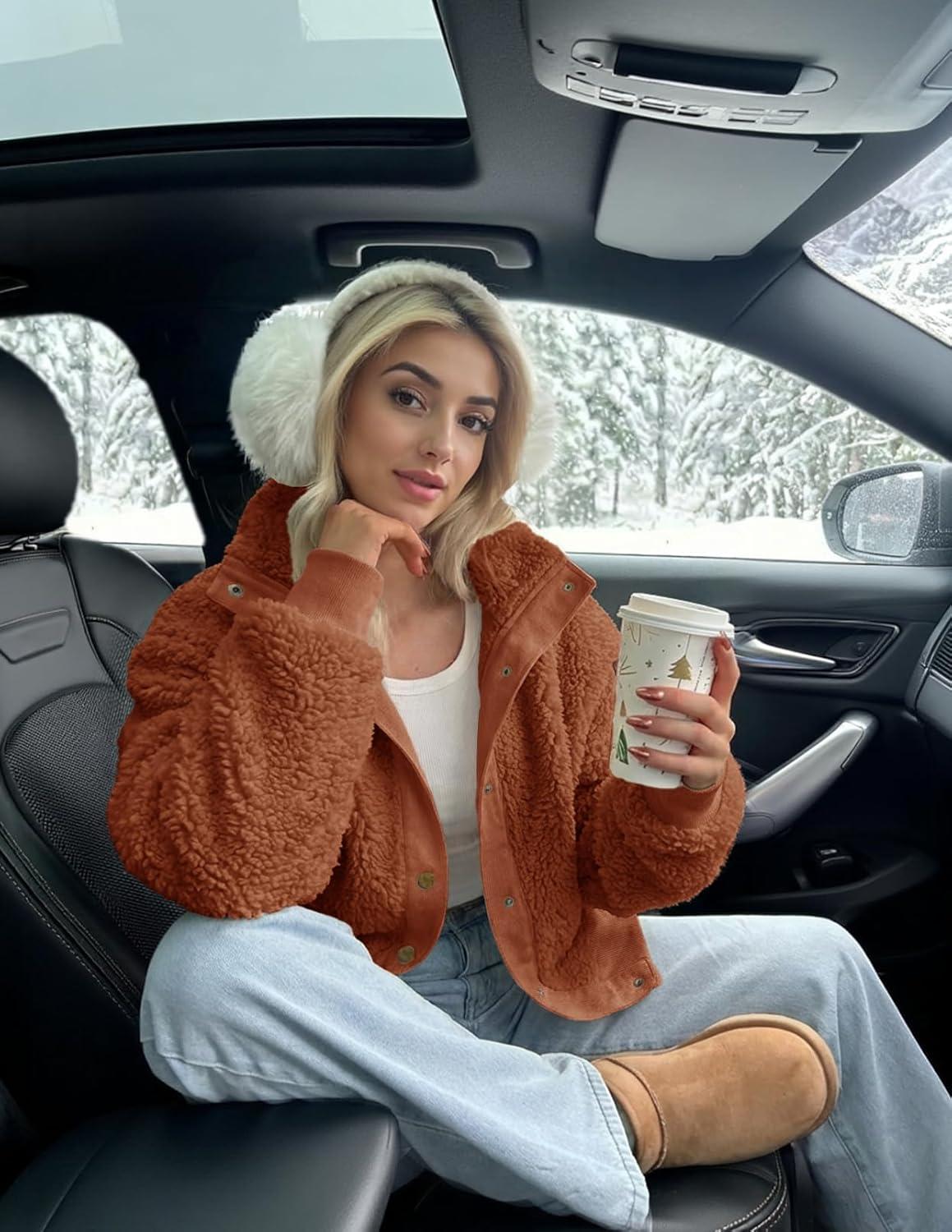 imageMEROKEETY Womens Fleece Sherpa Jacket Fall Winter Coats 2026 Fuzzy Button Down Warm Outerwear with PocketsCaramel