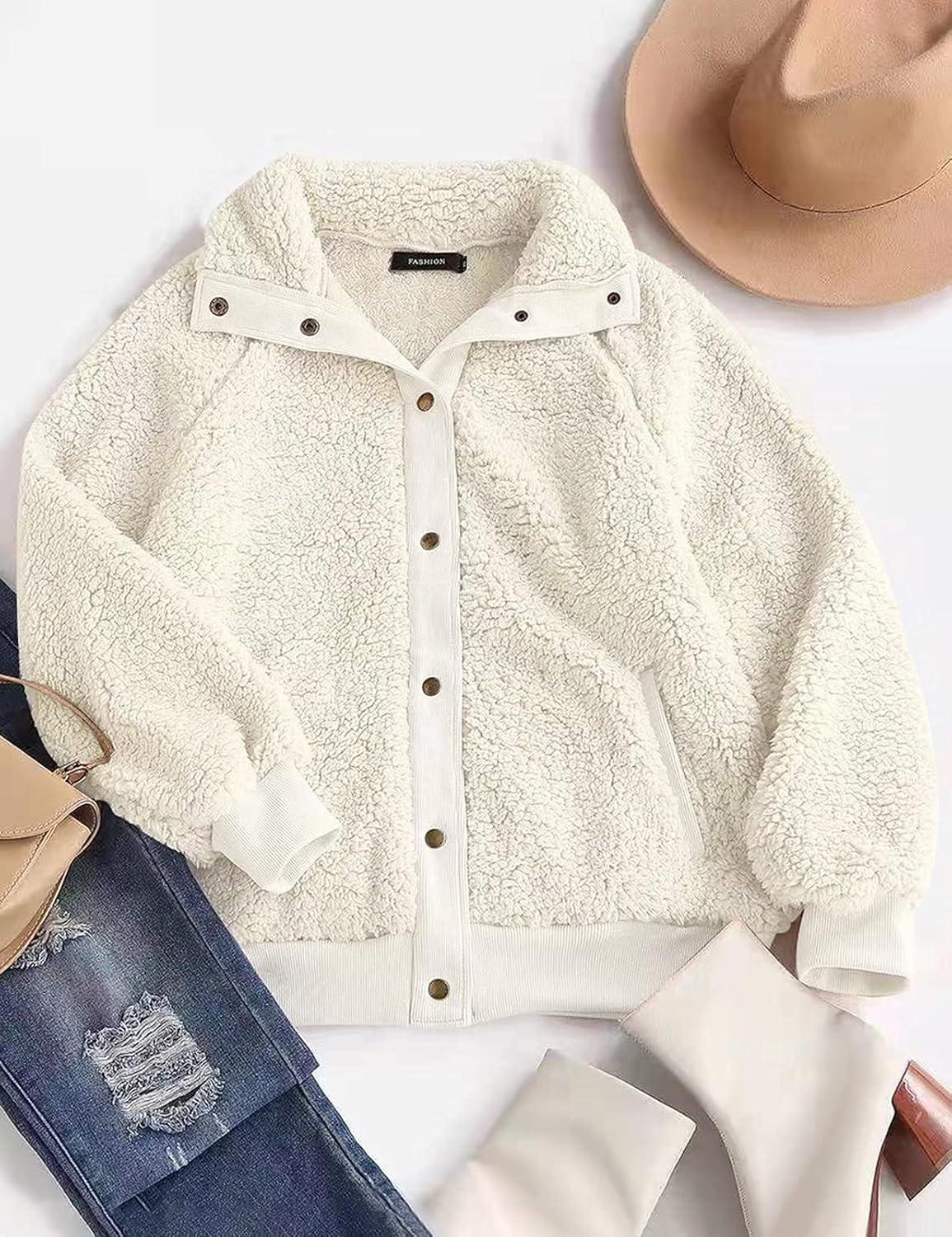 imageMEROKEETY Womens Fleece Sherpa Jacket Fall Winter Coats 2026 Fuzzy Button Down Warm Outerwear with PocketsCream