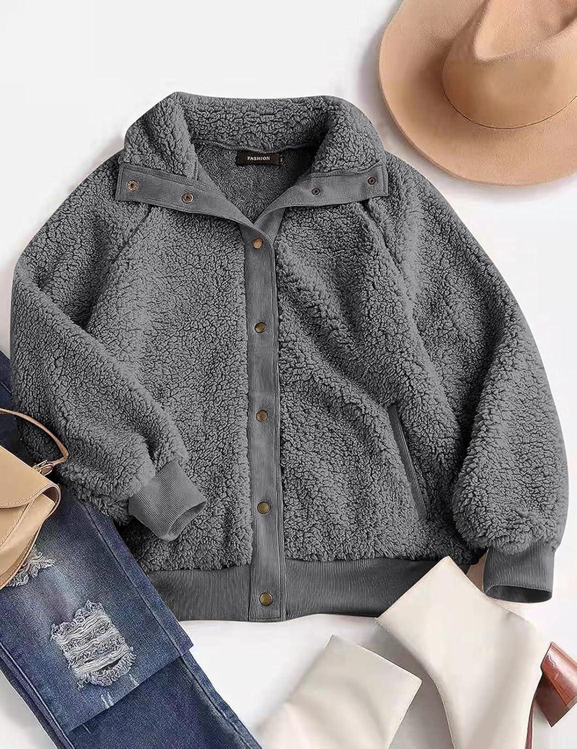 imageMEROKEETY Womens Fleece Sherpa Jacket Fall Winter Coats 2026 Fuzzy Button Down Warm Outerwear with PocketsDark Grey