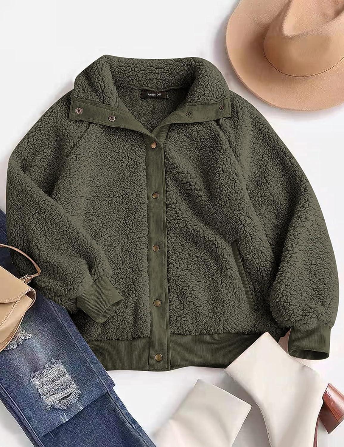 imageMEROKEETY Womens Fleece Sherpa Jacket Fall Winter Coats 2026 Fuzzy Button Down Warm Outerwear with PocketsGreen