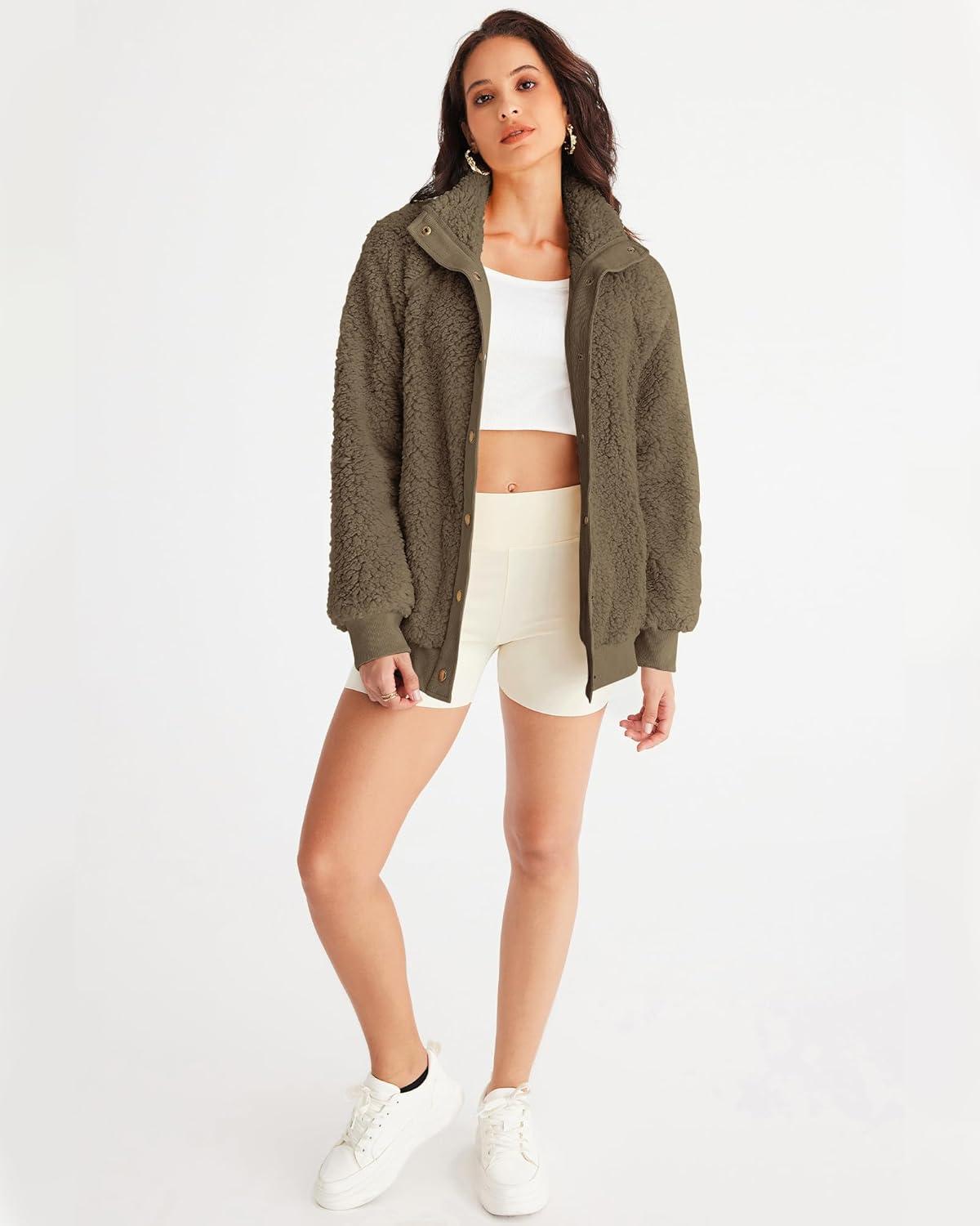 imageMEROKEETY Womens Fleece Sherpa Jacket Fall Winter Coats 2026 Fuzzy Button Down Warm Outerwear with PocketsMocha