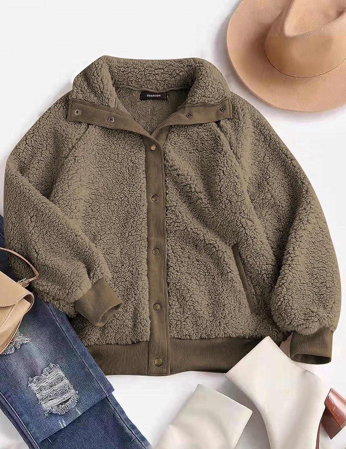 imageMEROKEETY Womens Fleece Sherpa Jacket Fall Winter Coats 2026 Fuzzy Button Down Warm Outerwear with PocketsMocha