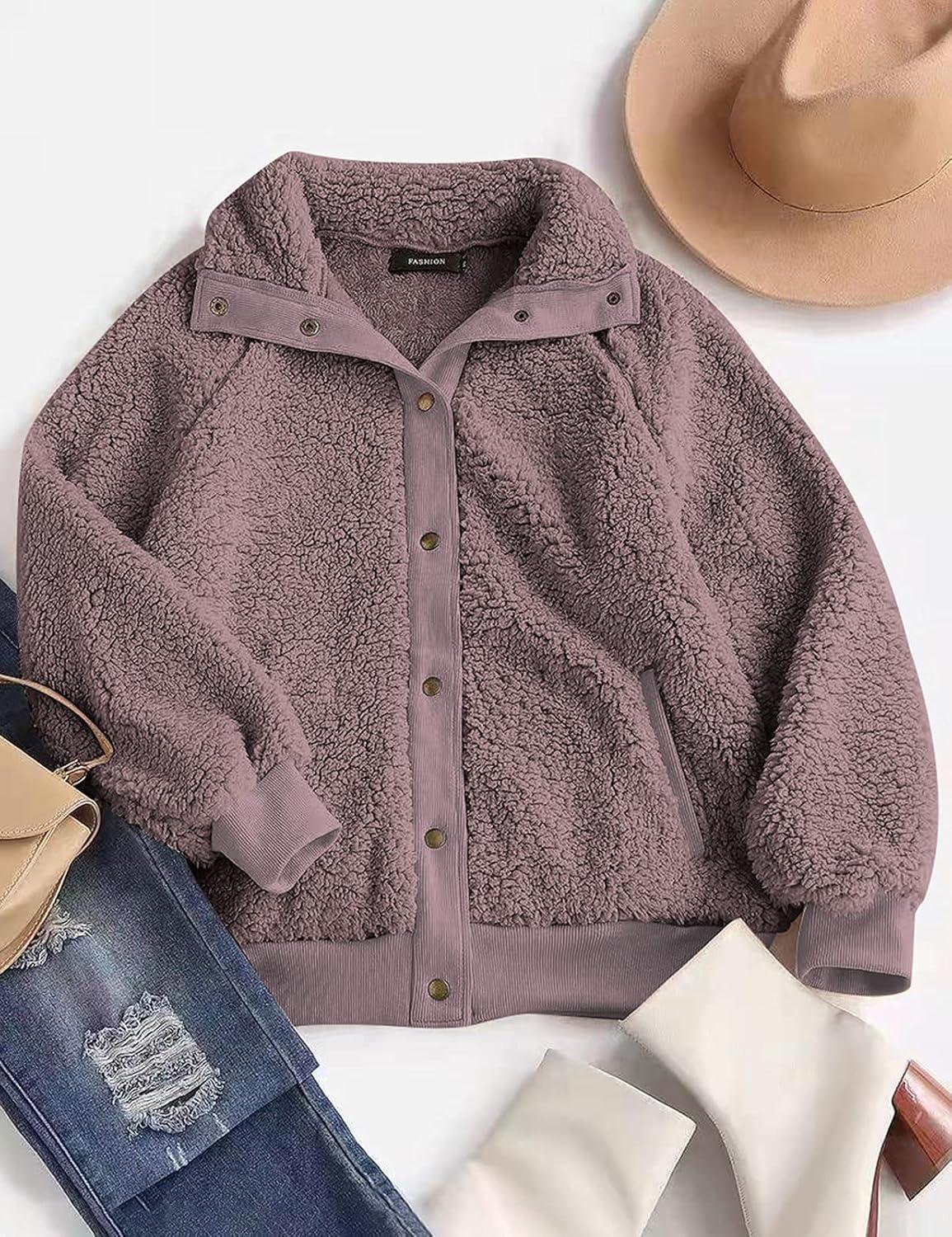 imageMEROKEETY Womens Fleece Sherpa Jacket Fall Winter Coats 2026 Fuzzy Button Down Warm Outerwear with PocketsTaro