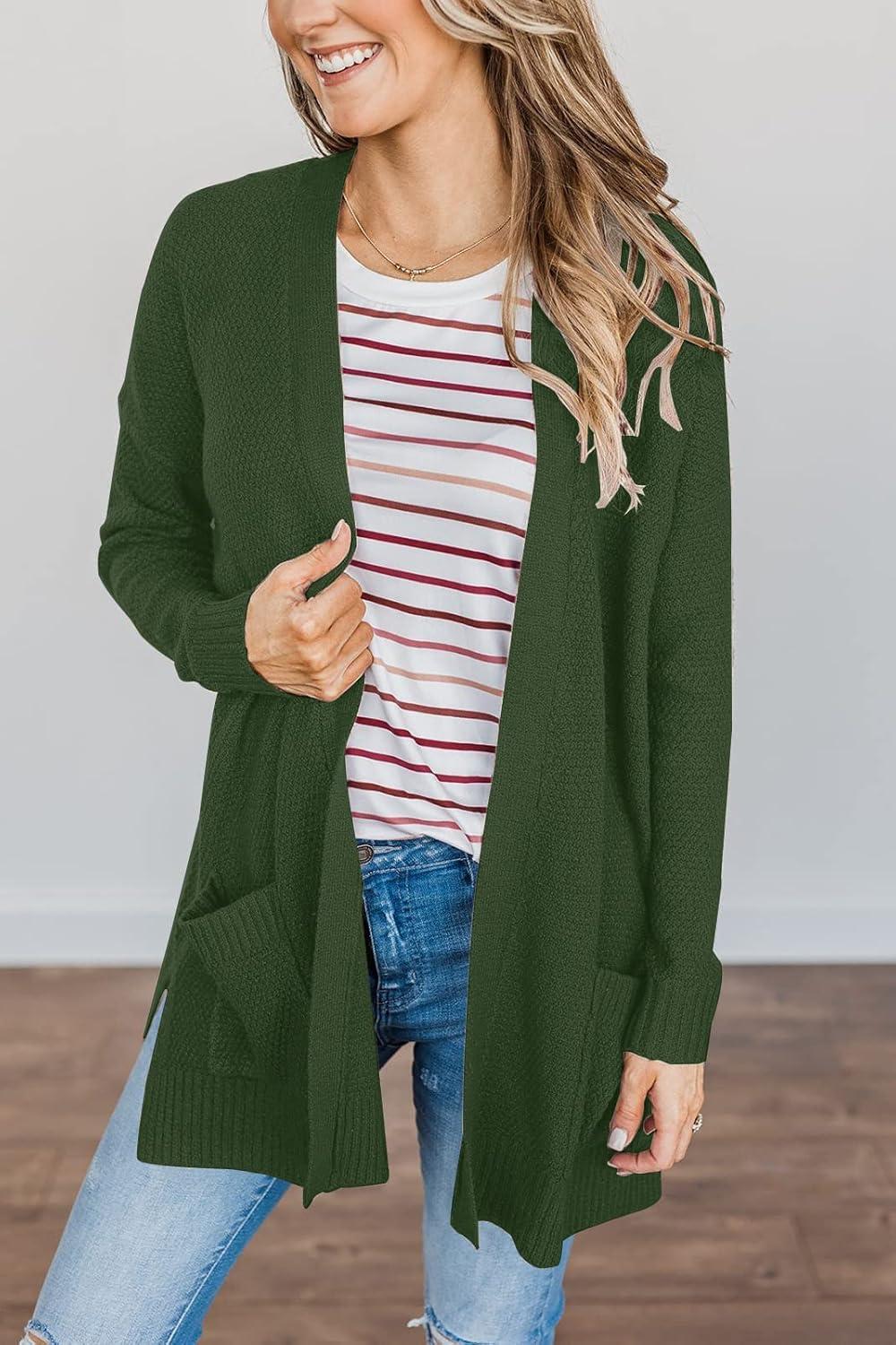 imageMEROKEETY Womens Long Sleeve Cardigan Sweaters Open Front Waffle Knit Cozy Sweater Coat with PocketsArmy Green