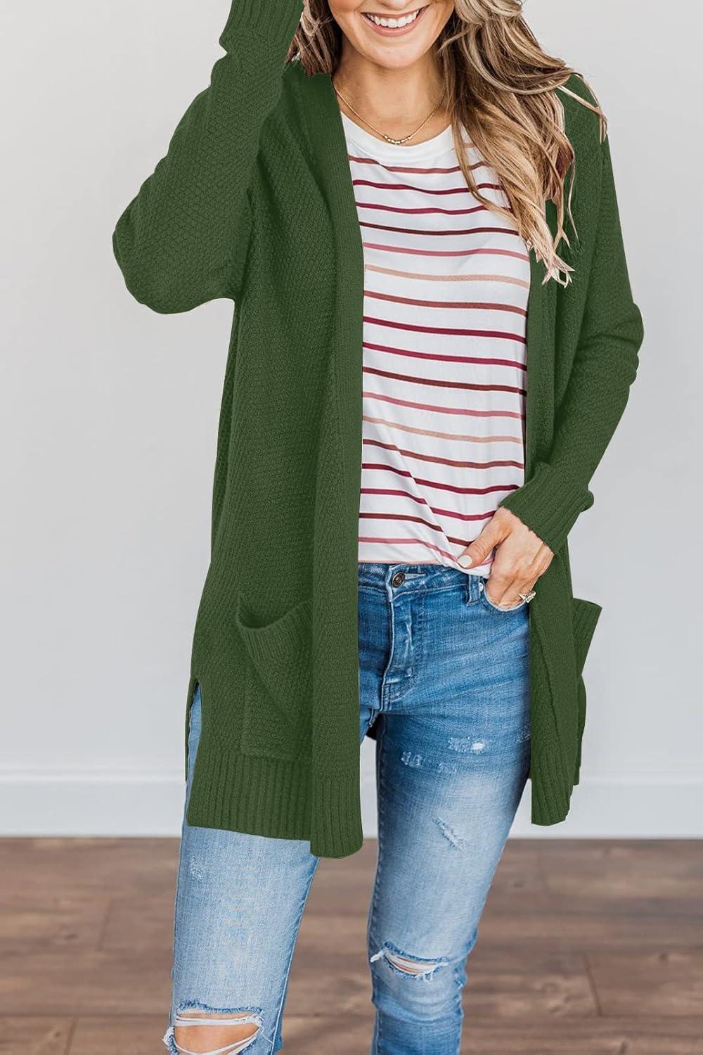 imageMEROKEETY Womens Long Sleeve Cardigan Sweaters Open Front Waffle Knit Cozy Sweater Coat with PocketsArmy Green
