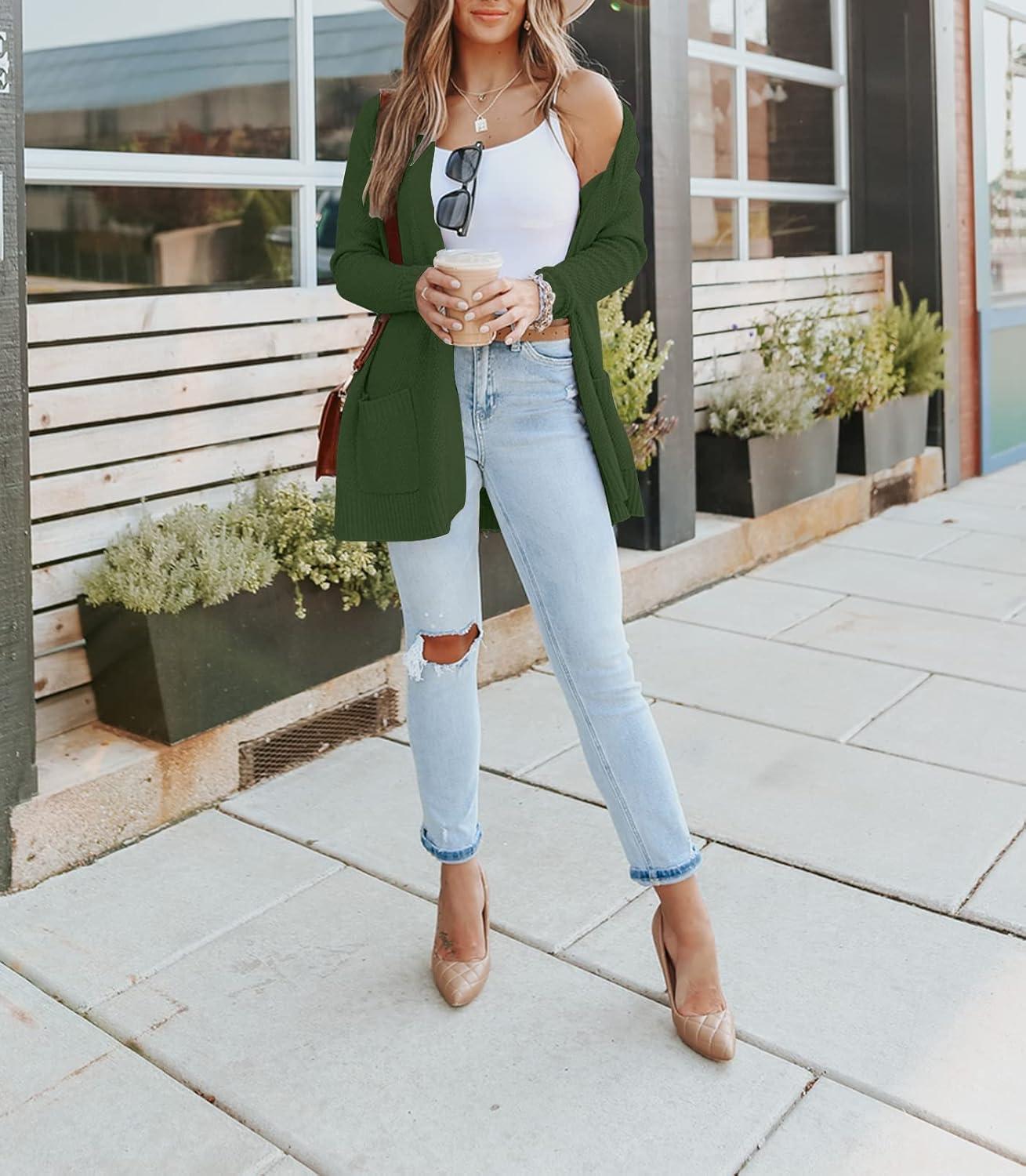 imageMEROKEETY Womens Long Sleeve Cardigan Sweaters Open Front Waffle Knit Cozy Sweater Coat with PocketsArmy Green
