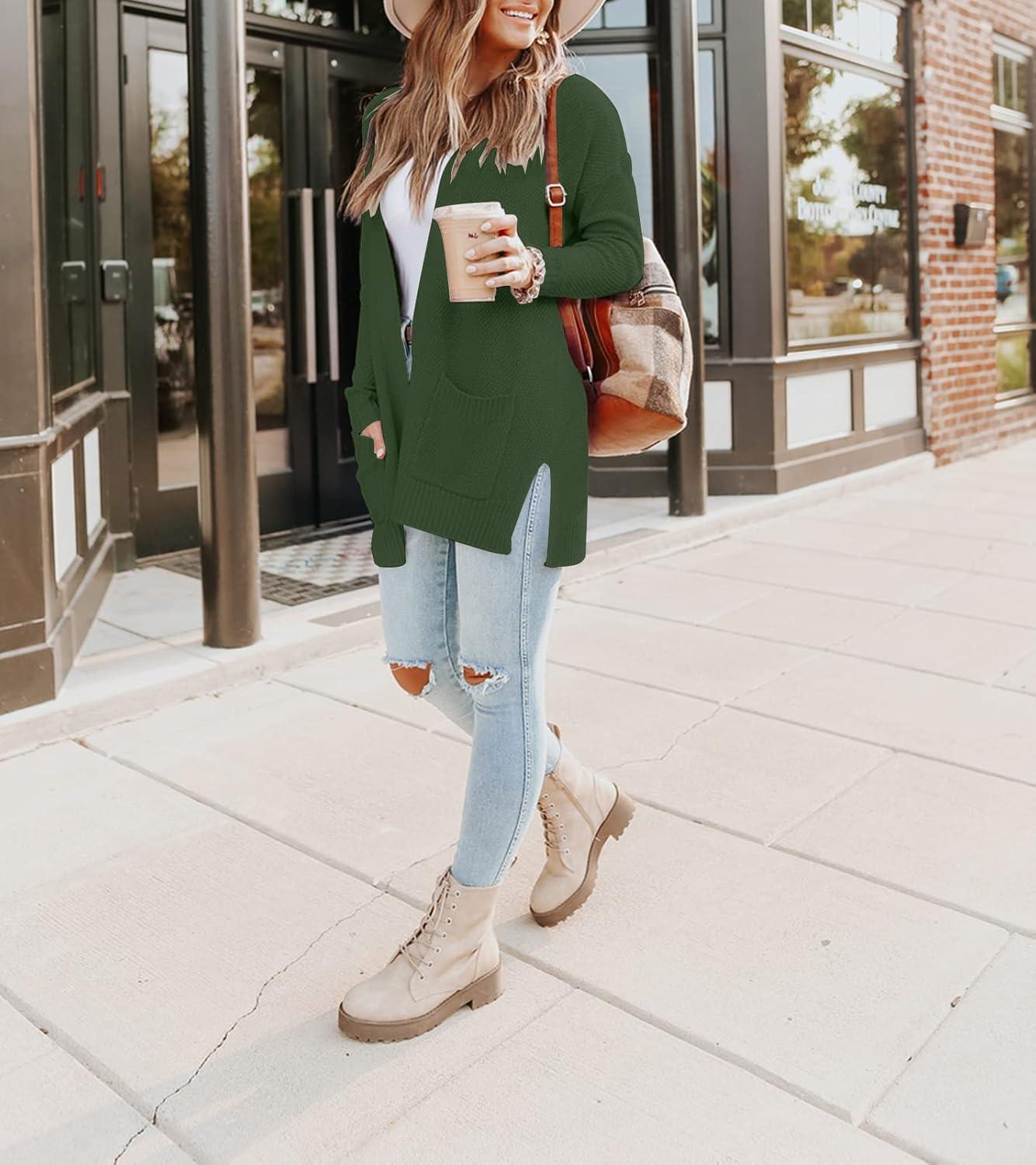 imageMEROKEETY Womens Long Sleeve Cardigan Sweaters Open Front Waffle Knit Cozy Sweater Coat with PocketsArmy Green