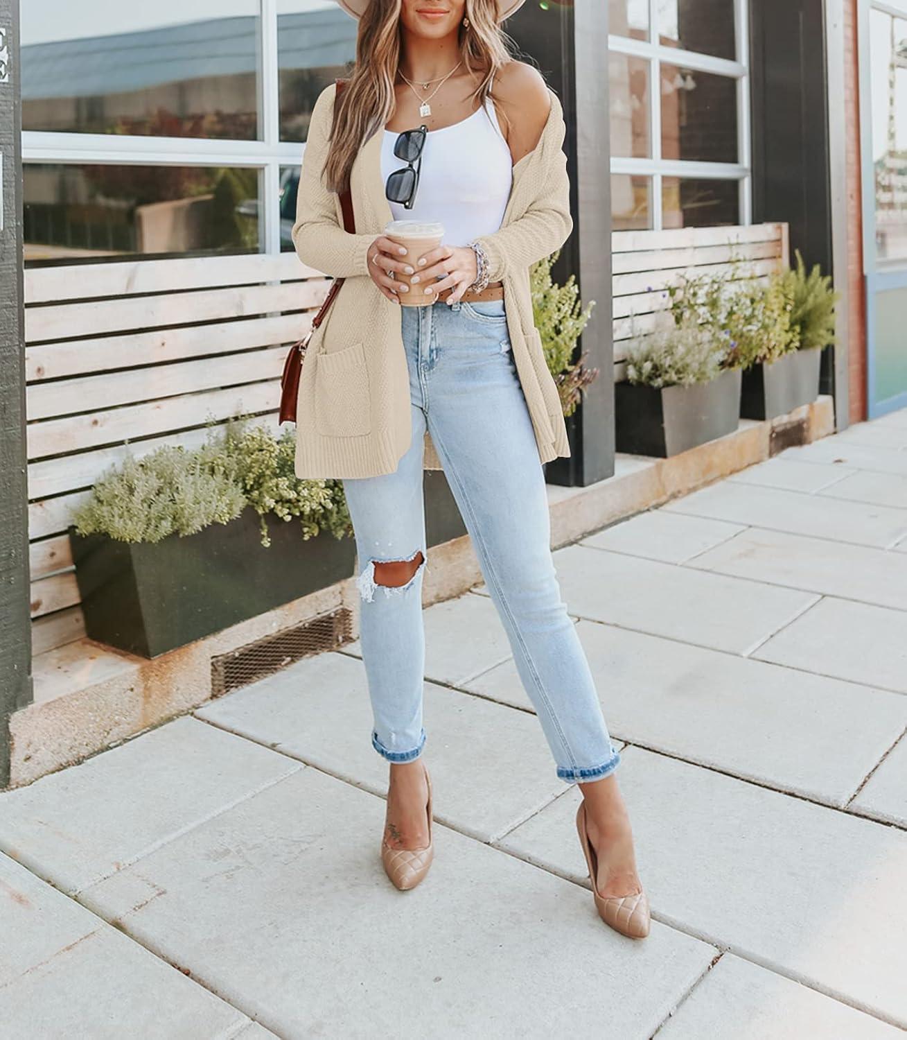 imageMEROKEETY Womens Long Sleeve Cardigan Sweaters Open Front Waffle Knit Cozy Sweater Coat with PocketsBeige