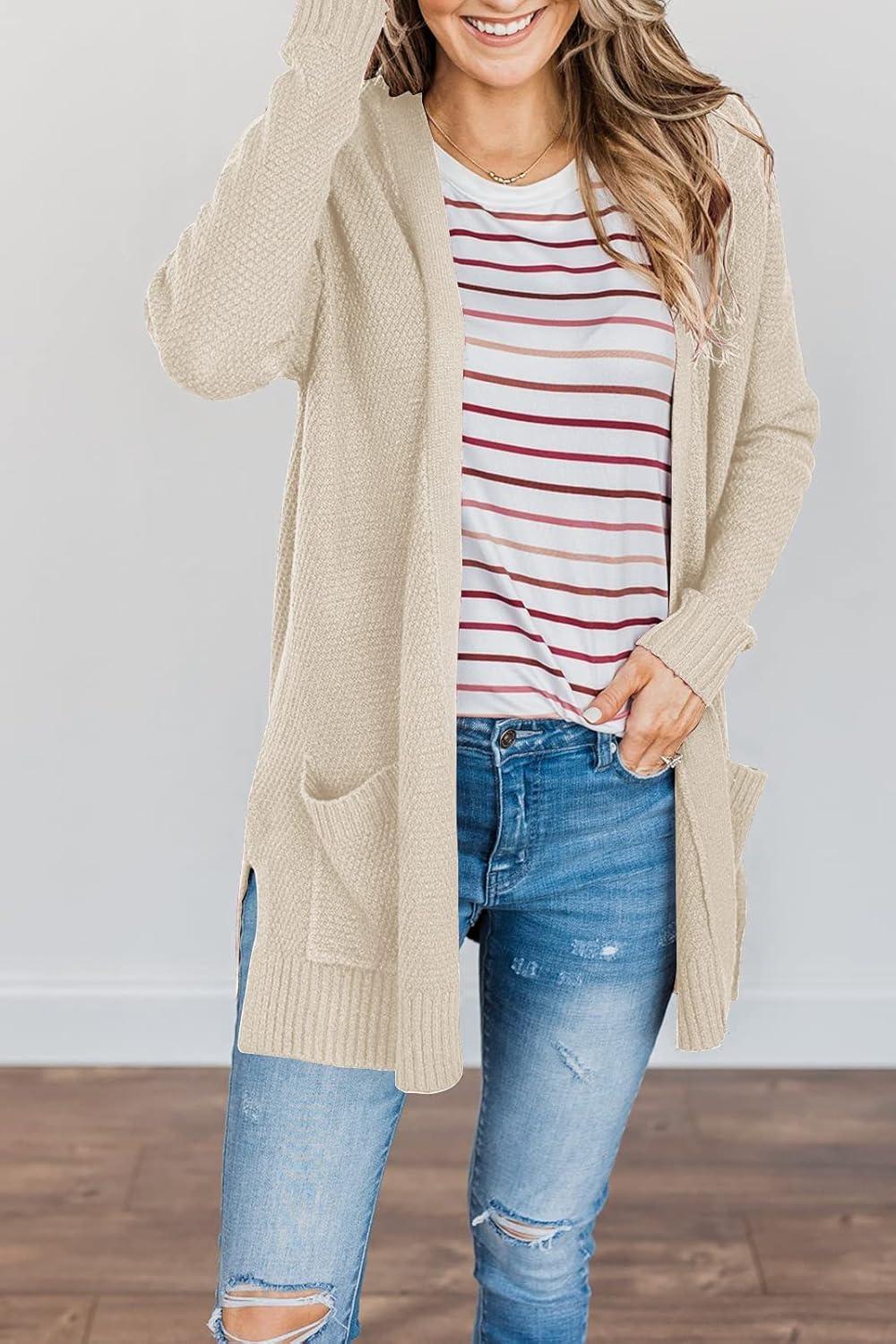 imageMEROKEETY Womens Long Sleeve Cardigan Sweaters Open Front Waffle Knit Cozy Sweater Coat with PocketsBeige