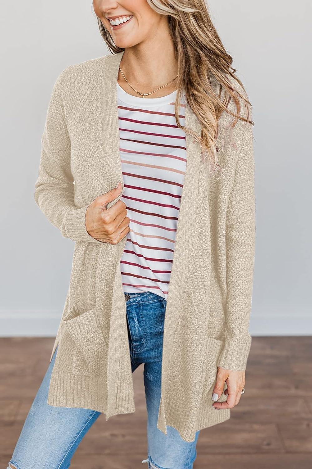 imageMEROKEETY Womens Long Sleeve Cardigan Sweaters Open Front Waffle Knit Cozy Sweater Coat with PocketsBeige