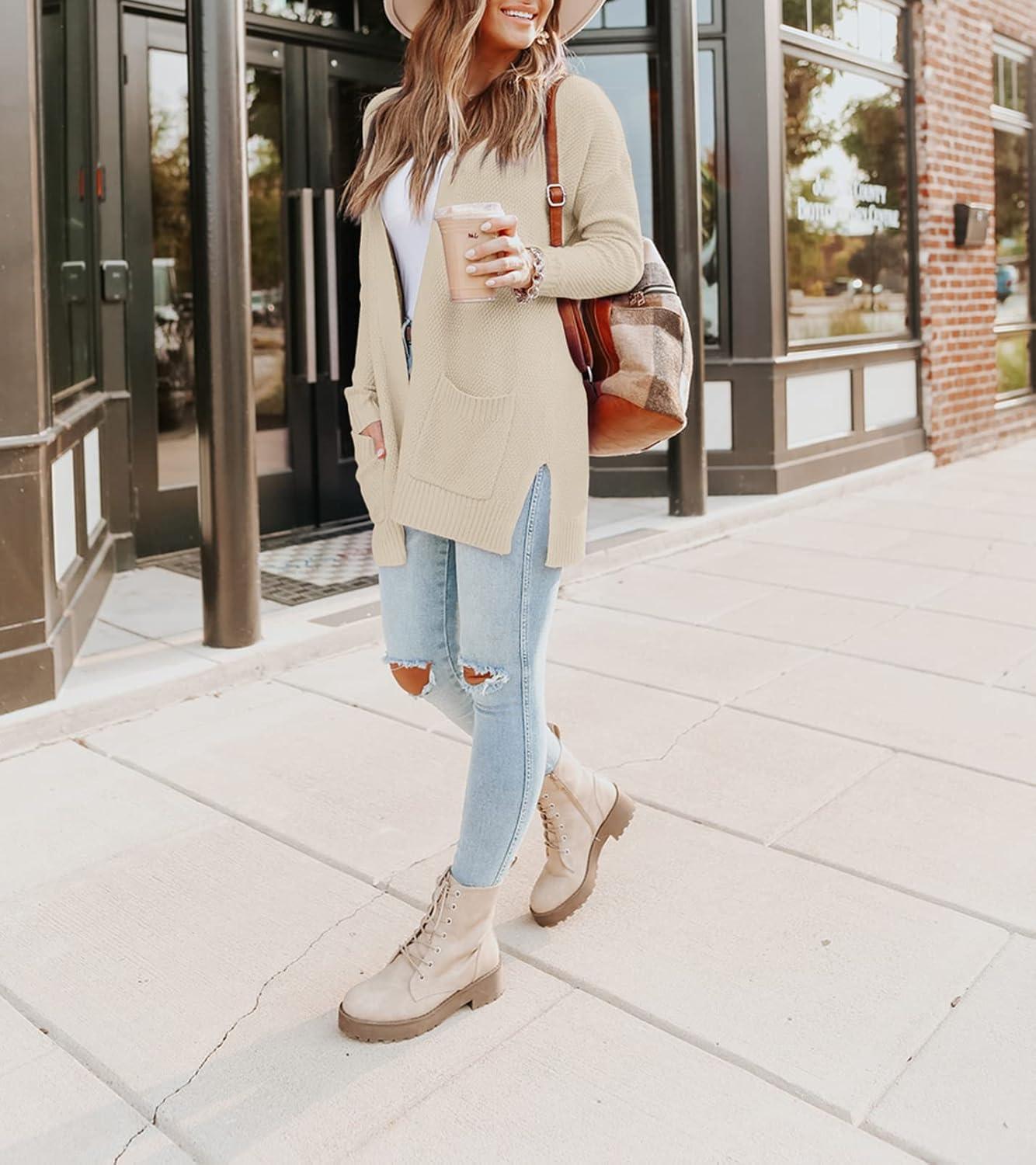 imageMEROKEETY Womens Long Sleeve Cardigan Sweaters Open Front Waffle Knit Cozy Sweater Coat with PocketsBeige