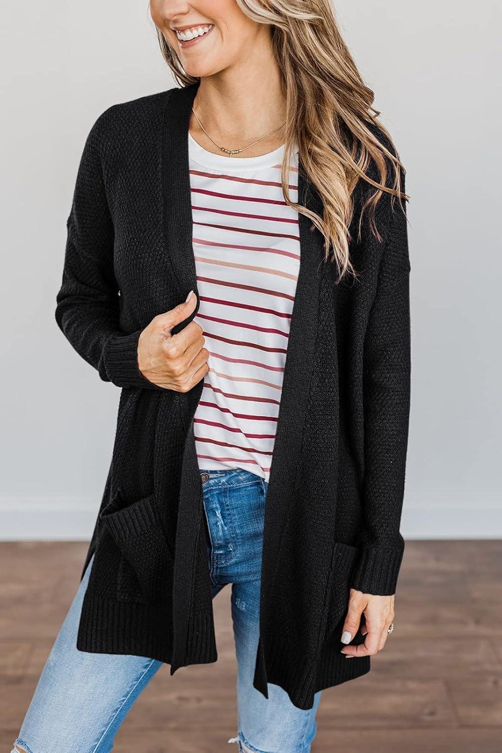 imageMEROKEETY Womens Long Sleeve Cardigan Sweaters Open Front Waffle Knit Cozy Sweater Coat with PocketsBlack