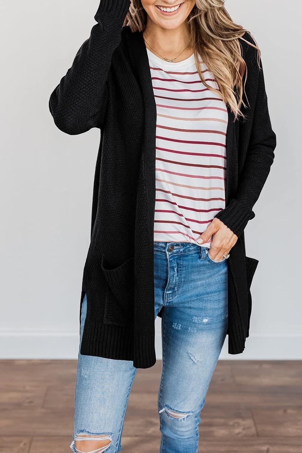 imageMEROKEETY Womens Long Sleeve Cardigan Sweaters Open Front Waffle Knit Cozy Sweater Coat with PocketsBlack