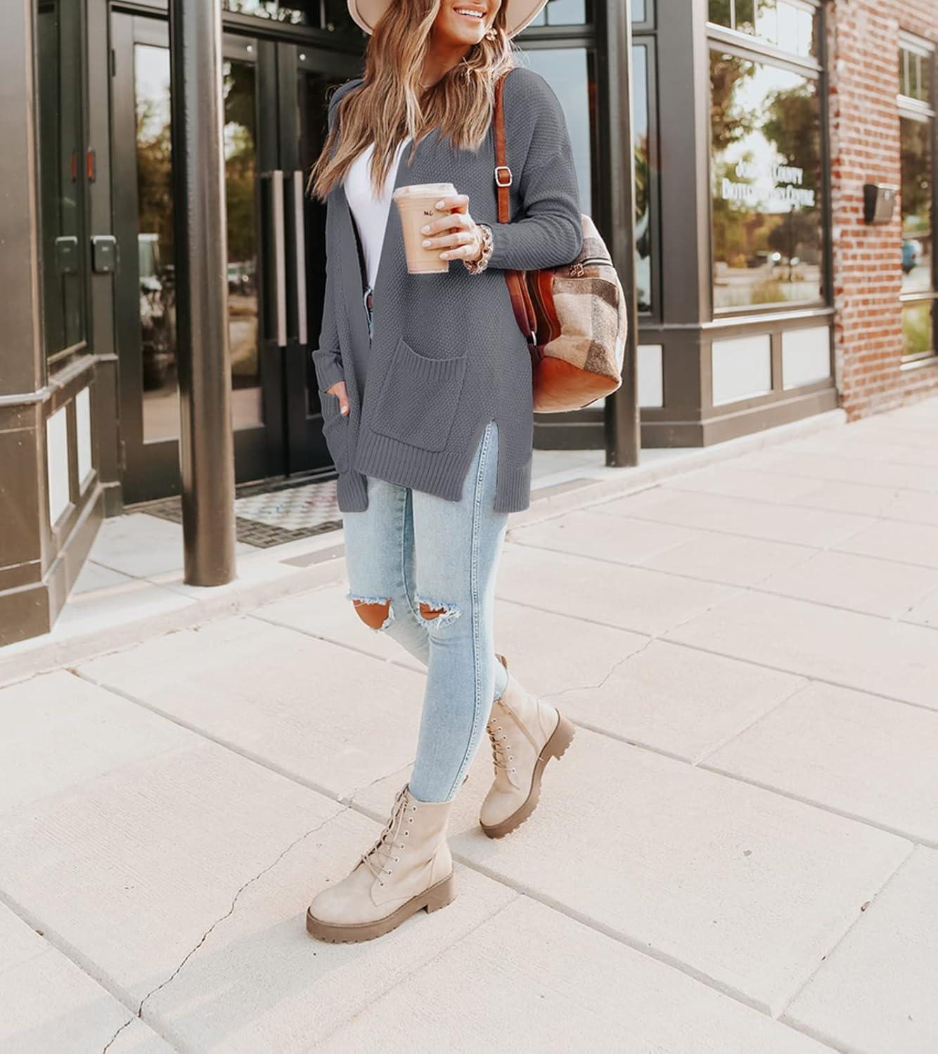 imageMEROKEETY Womens Long Sleeve Cardigan Sweaters Open Front Waffle Knit Cozy Sweater Coat with PocketsDark Grey