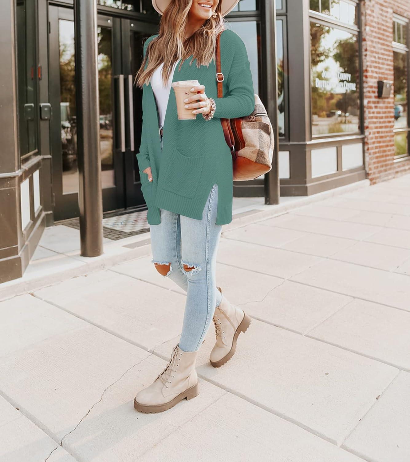 imageMEROKEETY Womens Long Sleeve Cardigan Sweaters Open Front Waffle Knit Cozy Sweater Coat with PocketsDusty Green