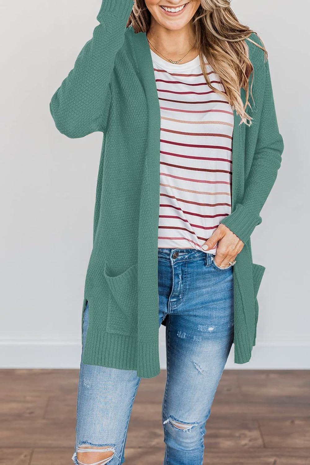 imageMEROKEETY Womens Long Sleeve Cardigan Sweaters Open Front Waffle Knit Cozy Sweater Coat with PocketsDusty Green