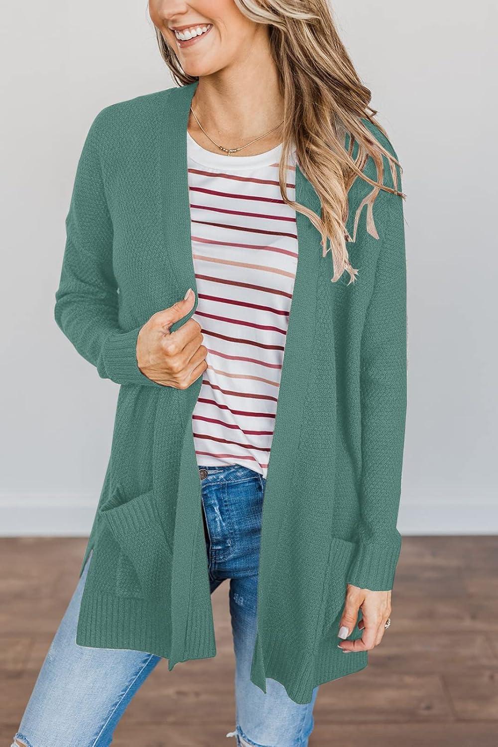 imageMEROKEETY Womens Long Sleeve Cardigan Sweaters Open Front Waffle Knit Cozy Sweater Coat with PocketsDusty Green