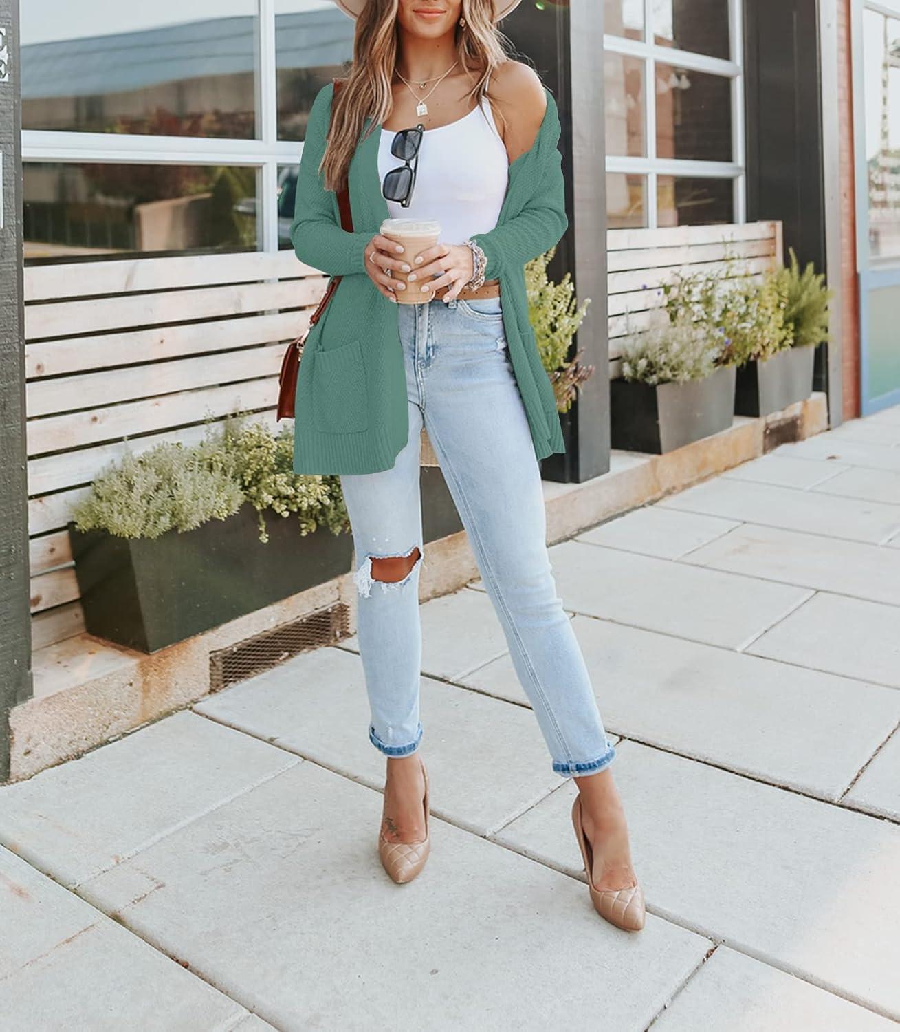 imageMEROKEETY Womens Long Sleeve Cardigan Sweaters Open Front Waffle Knit Cozy Sweater Coat with PocketsDusty Green