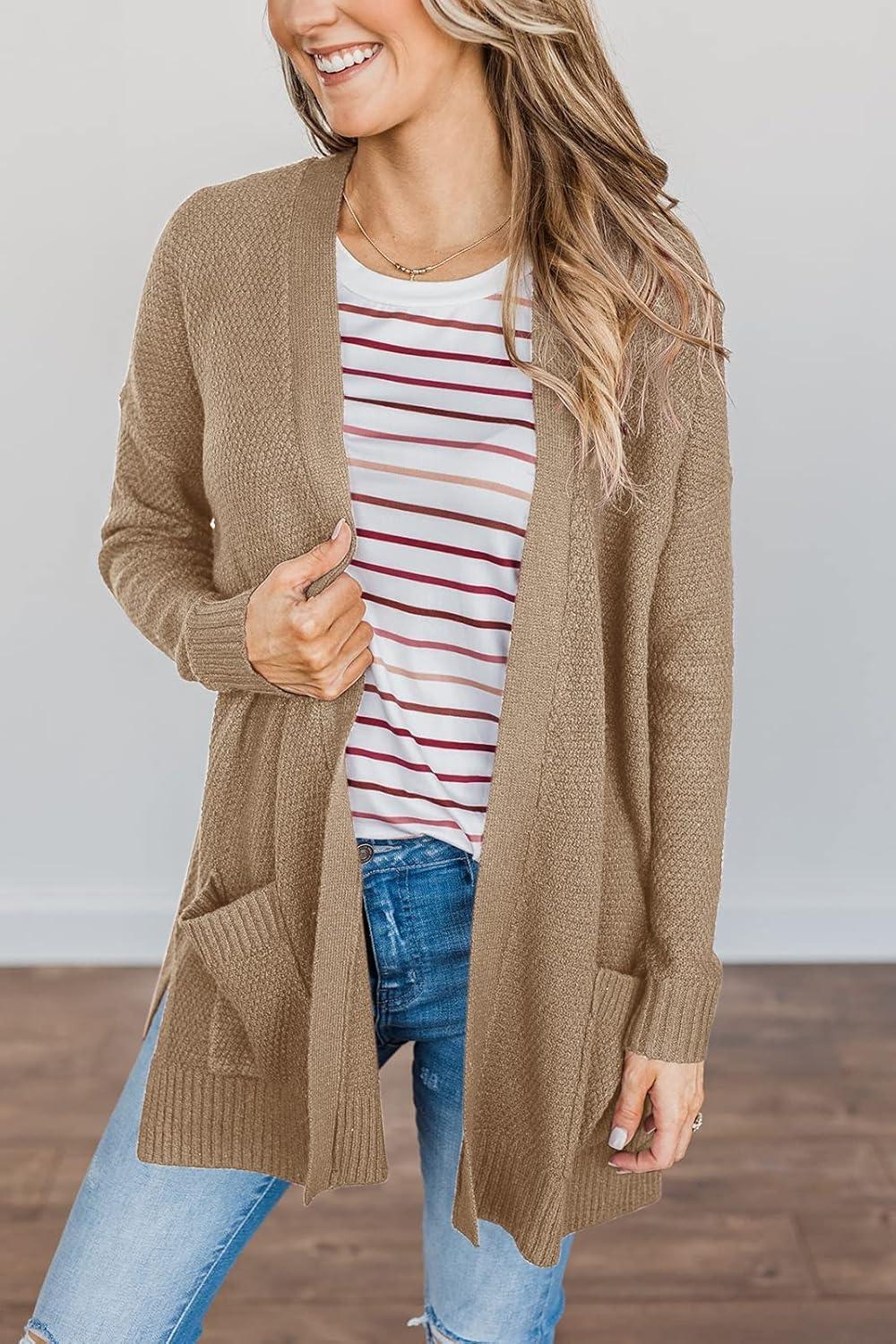 imageMEROKEETY Womens Long Sleeve Cardigan Sweaters Open Front Waffle Knit Cozy Sweater Coat with PocketsKhaki