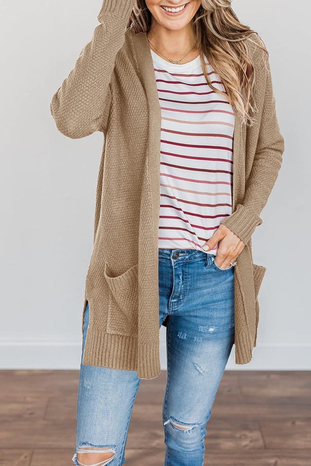 imageMEROKEETY Womens Long Sleeve Cardigan Sweaters Open Front Waffle Knit Cozy Sweater Coat with PocketsKhaki