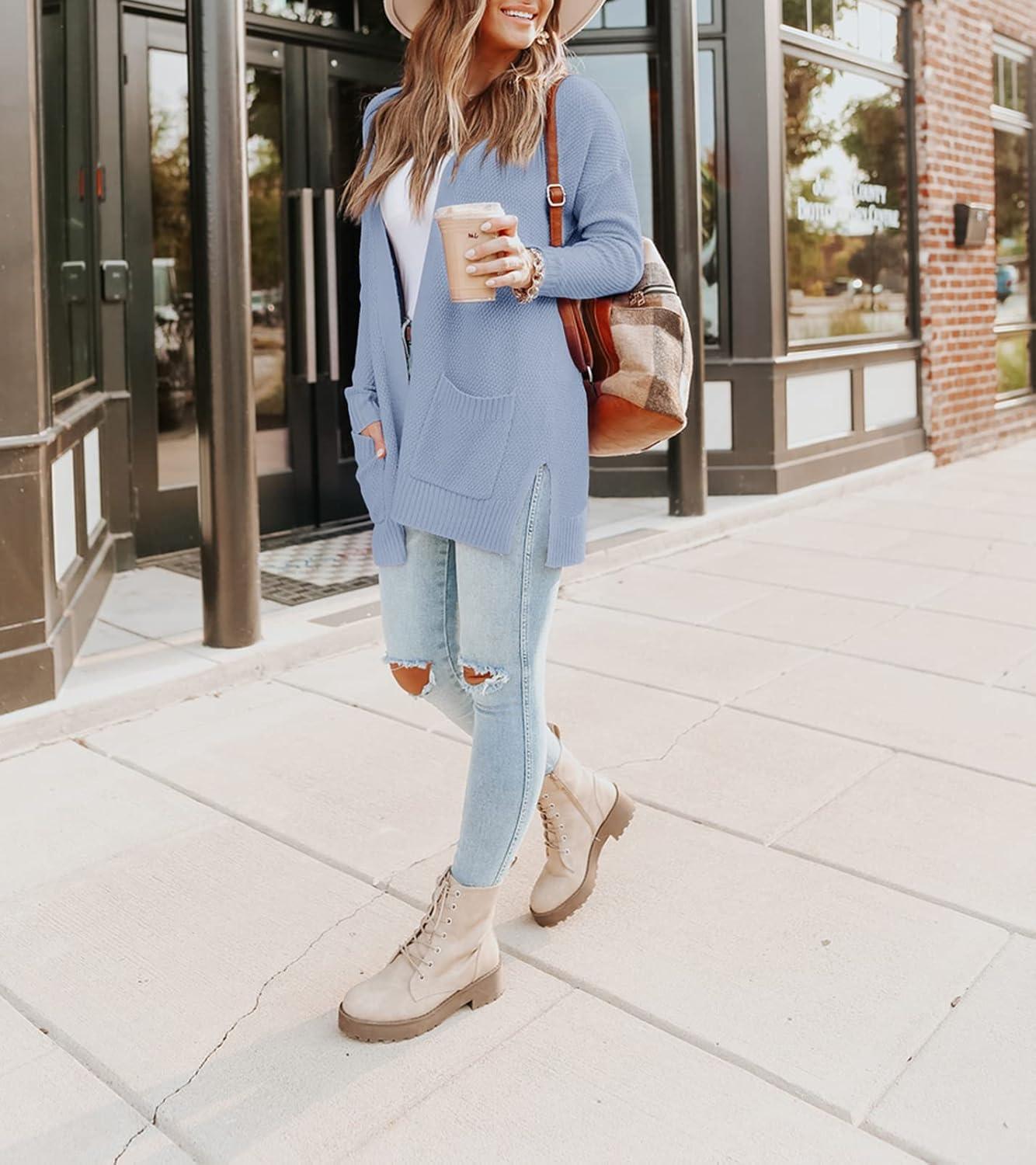 imageMEROKEETY Womens Long Sleeve Cardigan Sweaters Open Front Waffle Knit Cozy Sweater Coat with PocketsLight Blue