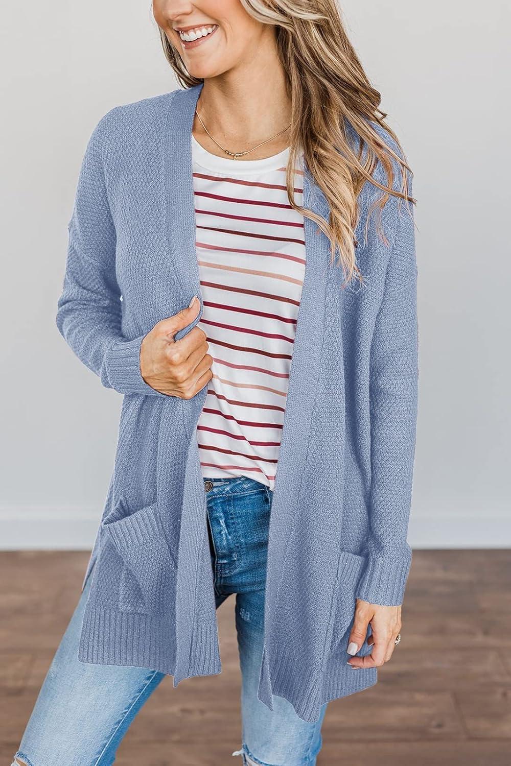 imageMEROKEETY Womens Long Sleeve Cardigan Sweaters Open Front Waffle Knit Cozy Sweater Coat with PocketsLight Blue