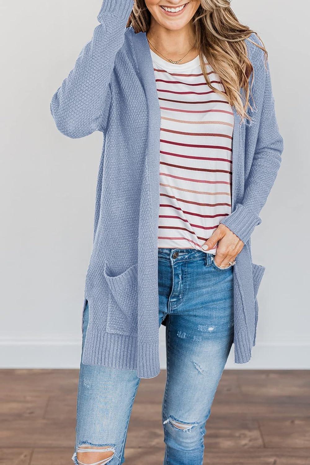 imageMEROKEETY Womens Long Sleeve Cardigan Sweaters Open Front Waffle Knit Cozy Sweater Coat with PocketsLight Blue