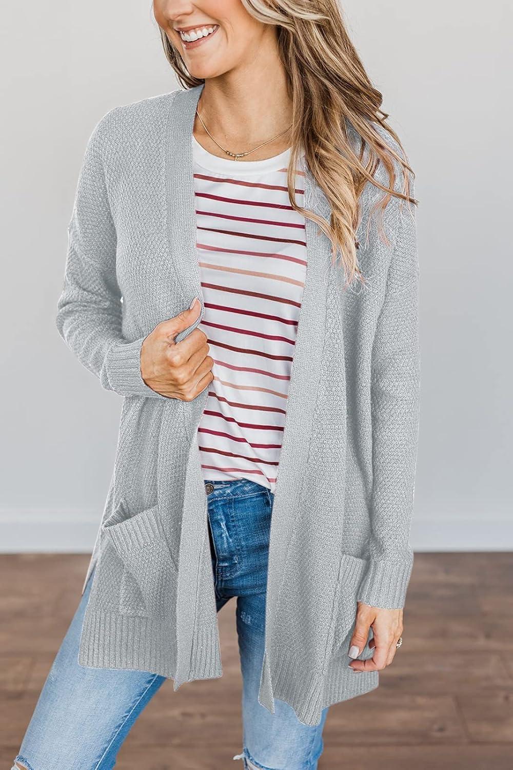 imageMEROKEETY Womens Long Sleeve Cardigan Sweaters Open Front Waffle Knit Cozy Sweater Coat with PocketsLight Grey