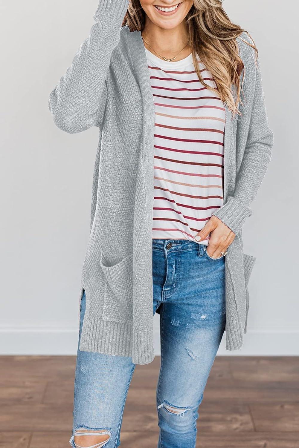 imageMEROKEETY Womens Long Sleeve Cardigan Sweaters Open Front Waffle Knit Cozy Sweater Coat with PocketsLight Grey