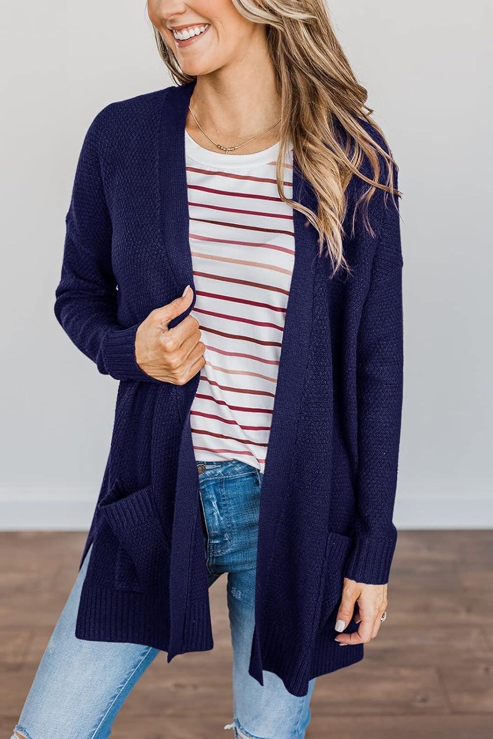 imageMEROKEETY Womens Long Sleeve Cardigan Sweaters Open Front Waffle Knit Cozy Sweater Coat with PocketsNavy