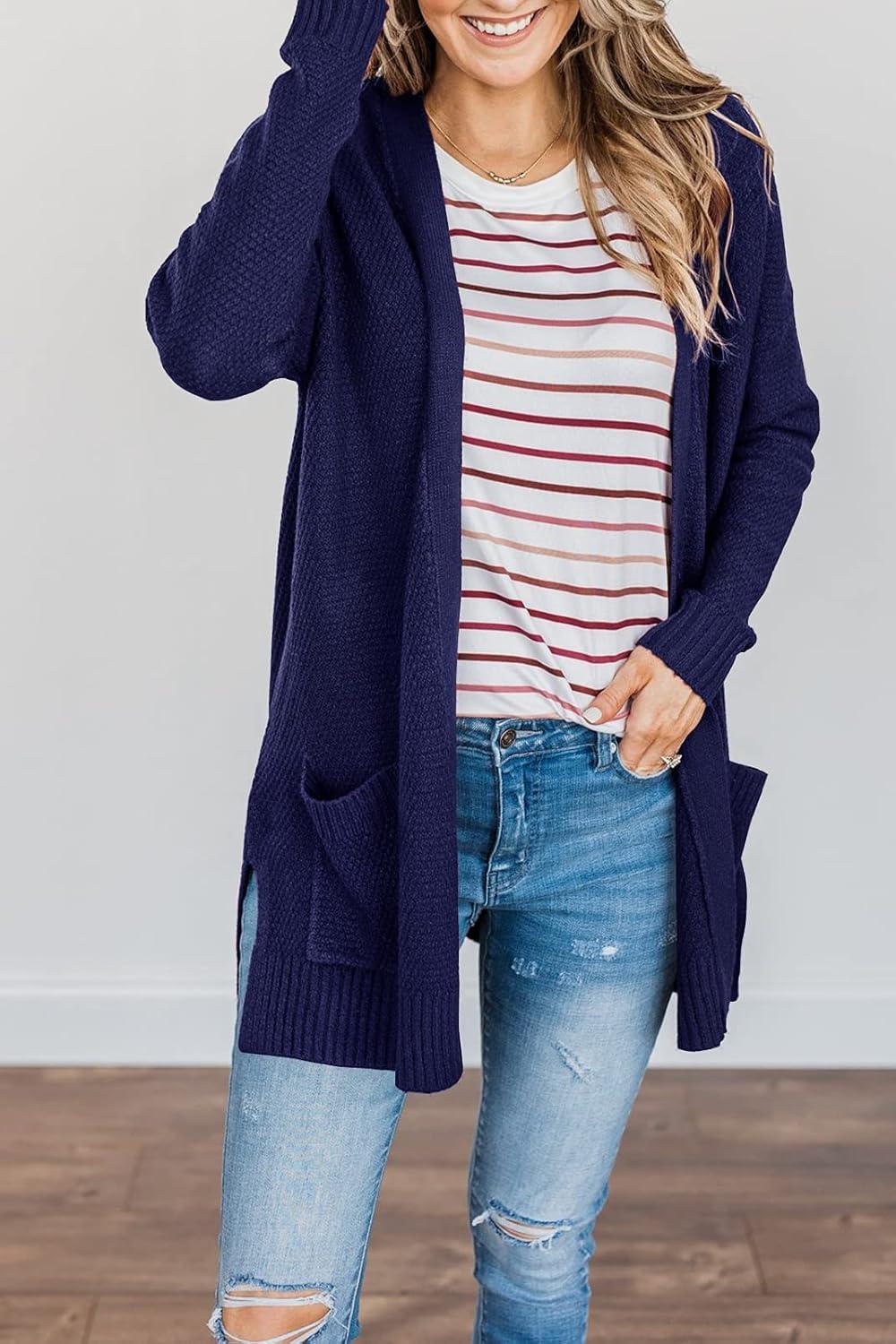 imageMEROKEETY Womens Long Sleeve Cardigan Sweaters Open Front Waffle Knit Cozy Sweater Coat with PocketsNavy