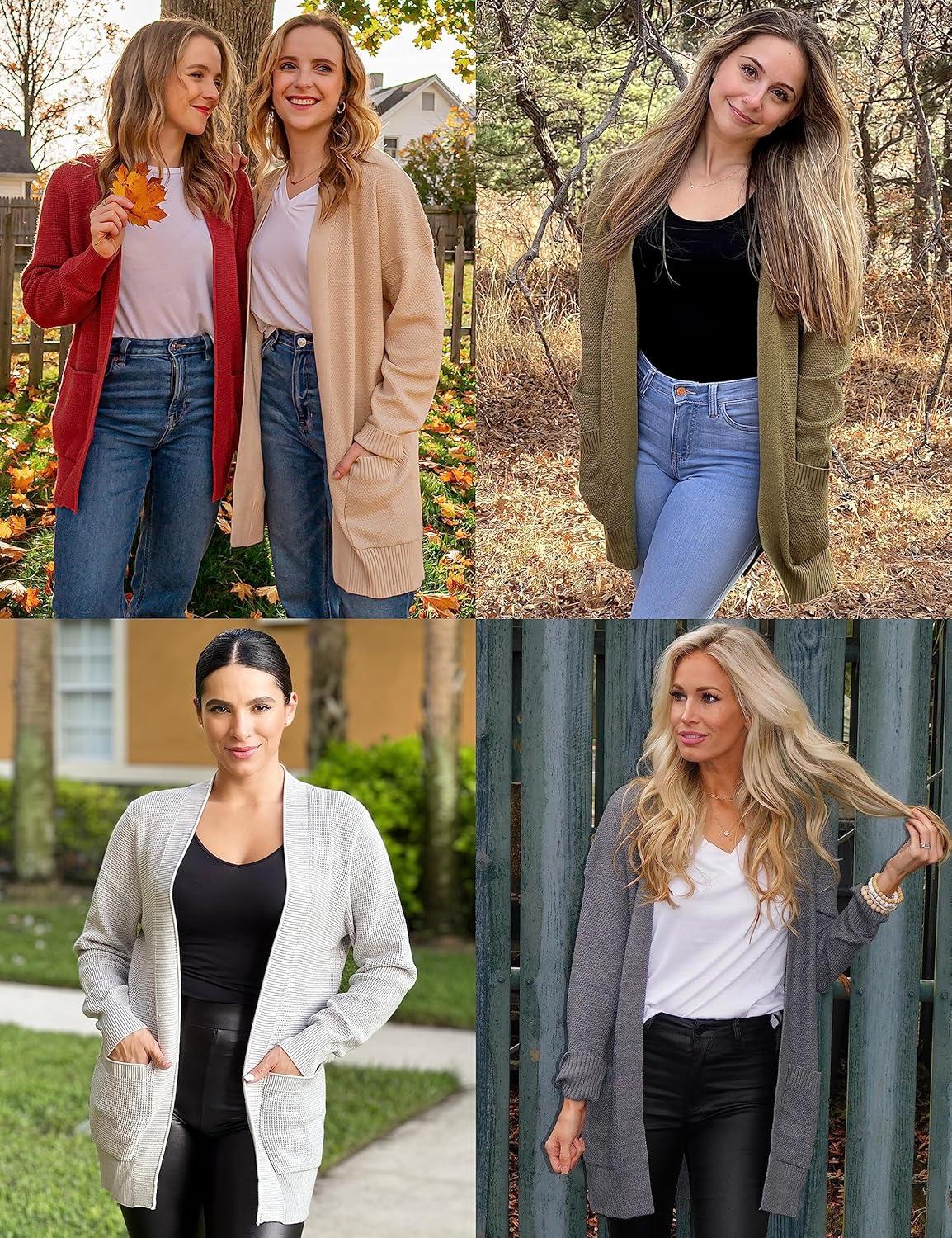 imageMEROKEETY Womens Long Sleeve Cardigan Sweaters Open Front Waffle Knit Cozy Sweater Coat with PocketsNavy