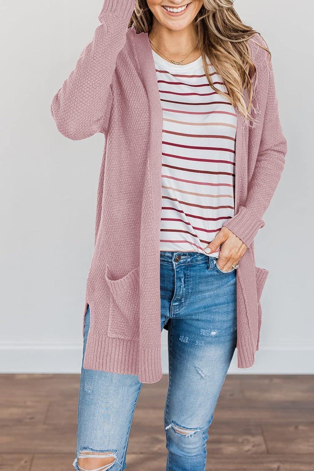imageMEROKEETY Womens Long Sleeve Cardigan Sweaters Open Front Waffle Knit Cozy Sweater Coat with PocketsPink