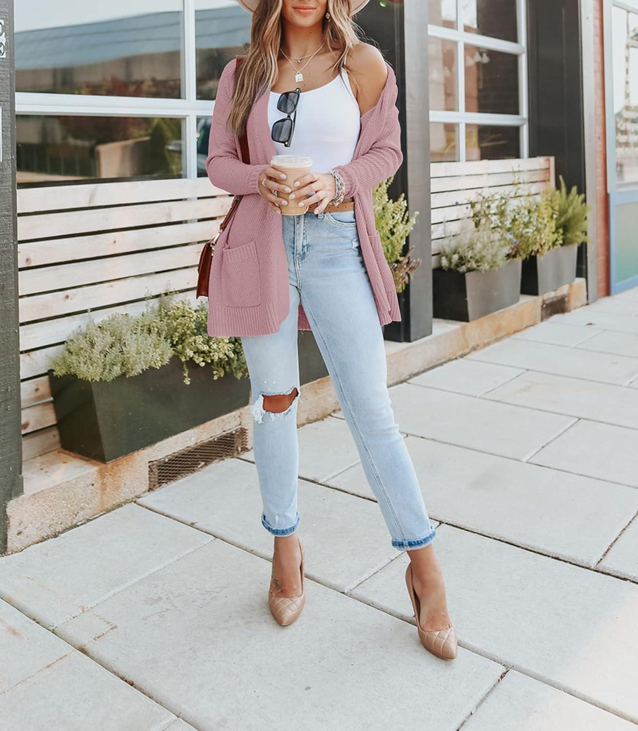 imageMEROKEETY Womens Long Sleeve Cardigan Sweaters Open Front Waffle Knit Cozy Sweater Coat with PocketsPink
