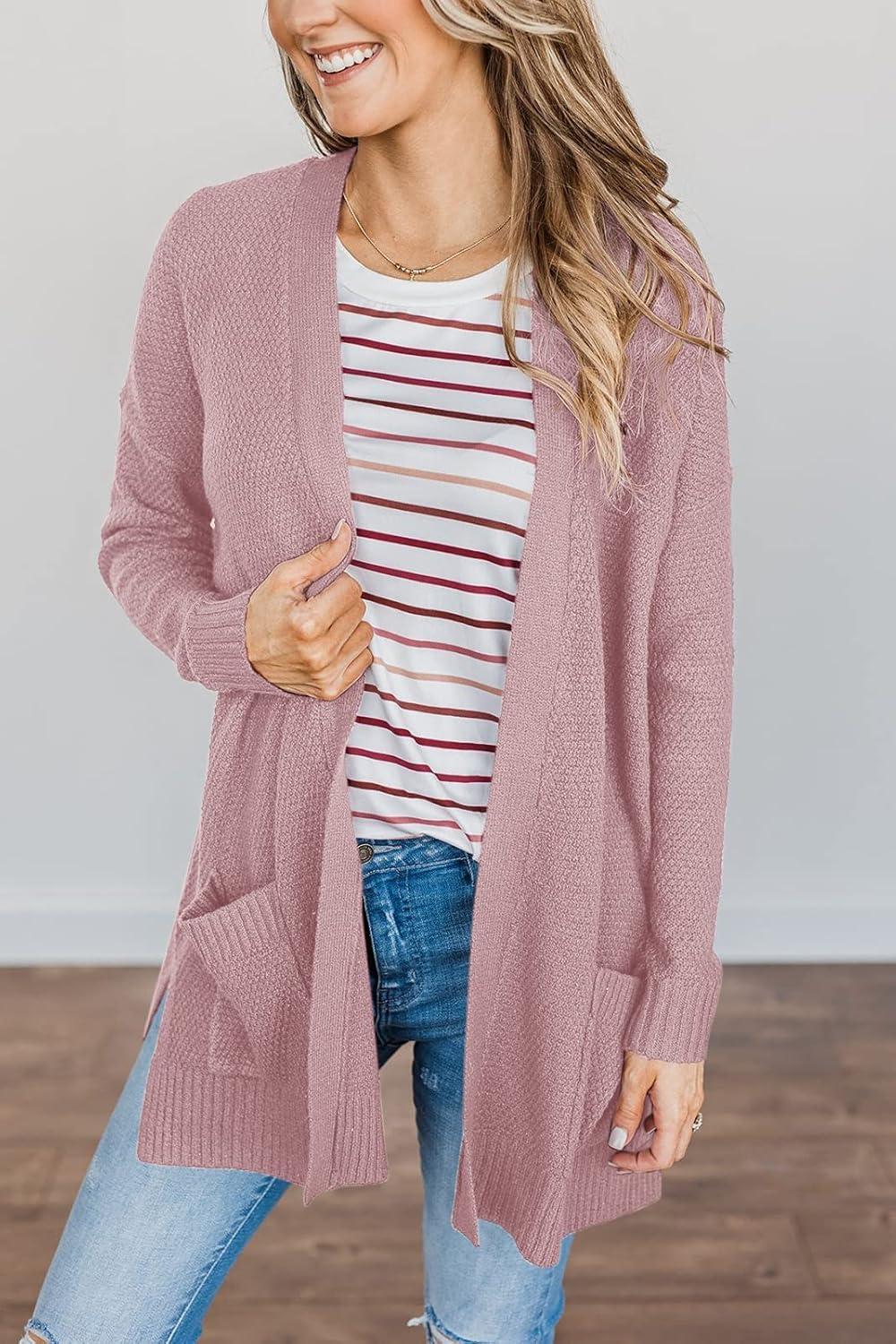 imageMEROKEETY Womens Long Sleeve Cardigan Sweaters Open Front Waffle Knit Cozy Sweater Coat with PocketsPink