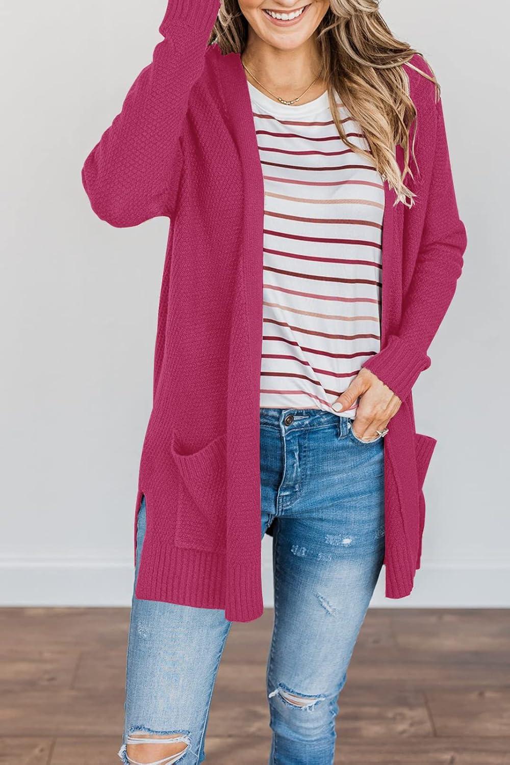 imageMEROKEETY Womens Long Sleeve Cardigan Sweaters Open Front Waffle Knit Cozy Sweater Coat with PocketsPlum