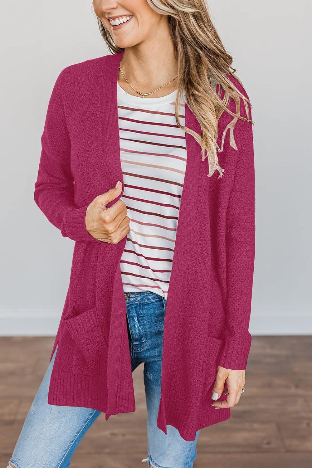 imageMEROKEETY Womens Long Sleeve Cardigan Sweaters Open Front Waffle Knit Cozy Sweater Coat with PocketsPlum