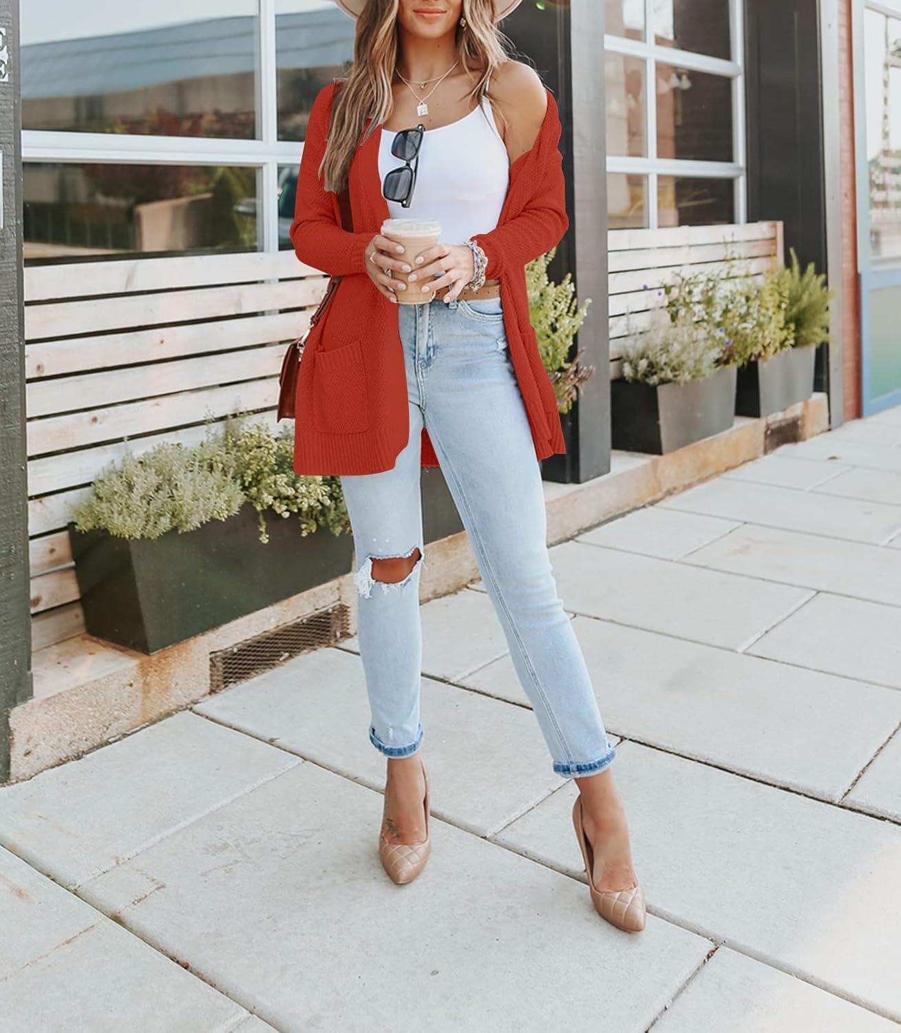 imageMEROKEETY Womens Long Sleeve Cardigan Sweaters Open Front Waffle Knit Cozy Sweater Coat with PocketsRust