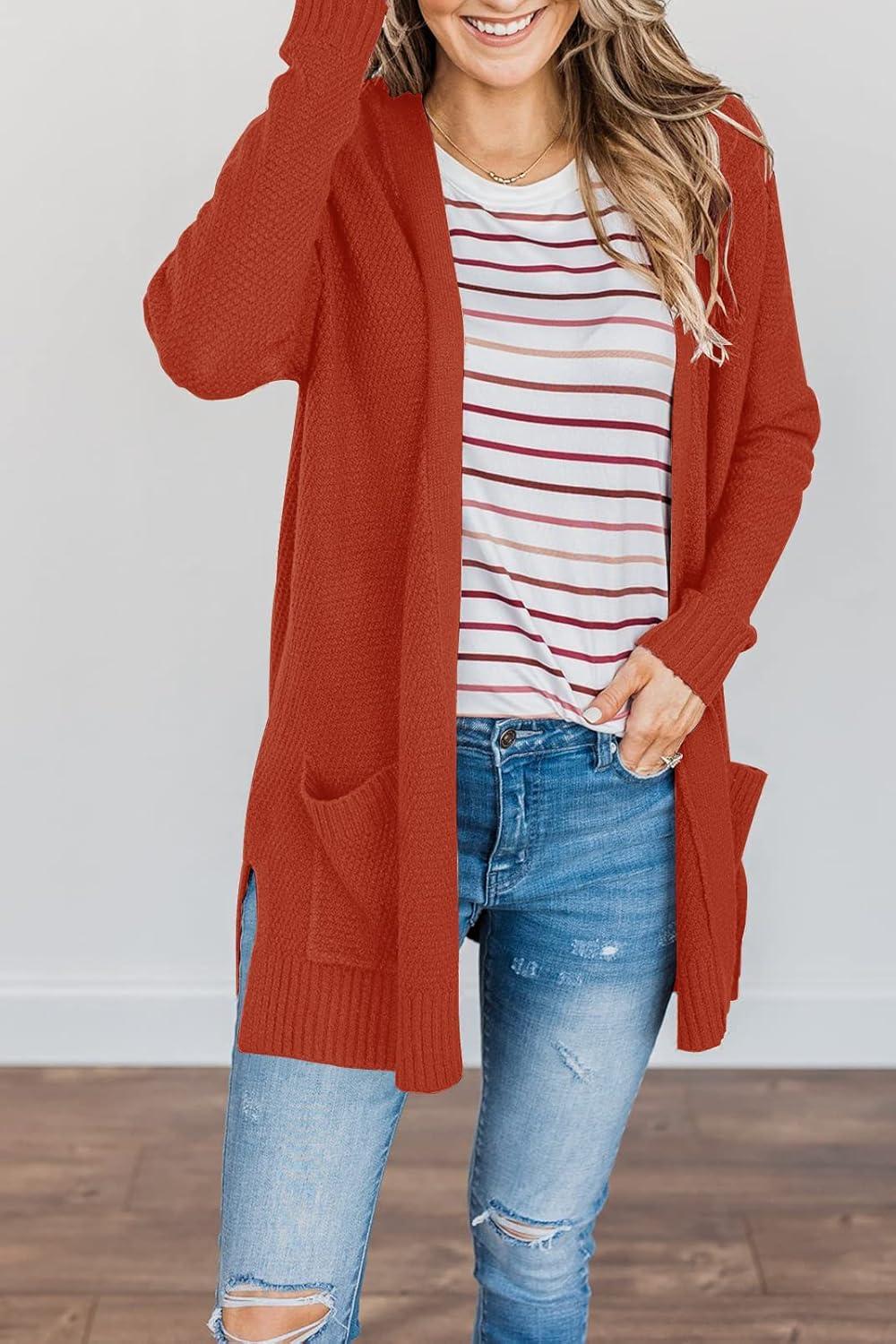 imageMEROKEETY Womens Long Sleeve Cardigan Sweaters Open Front Waffle Knit Cozy Sweater Coat with PocketsRust