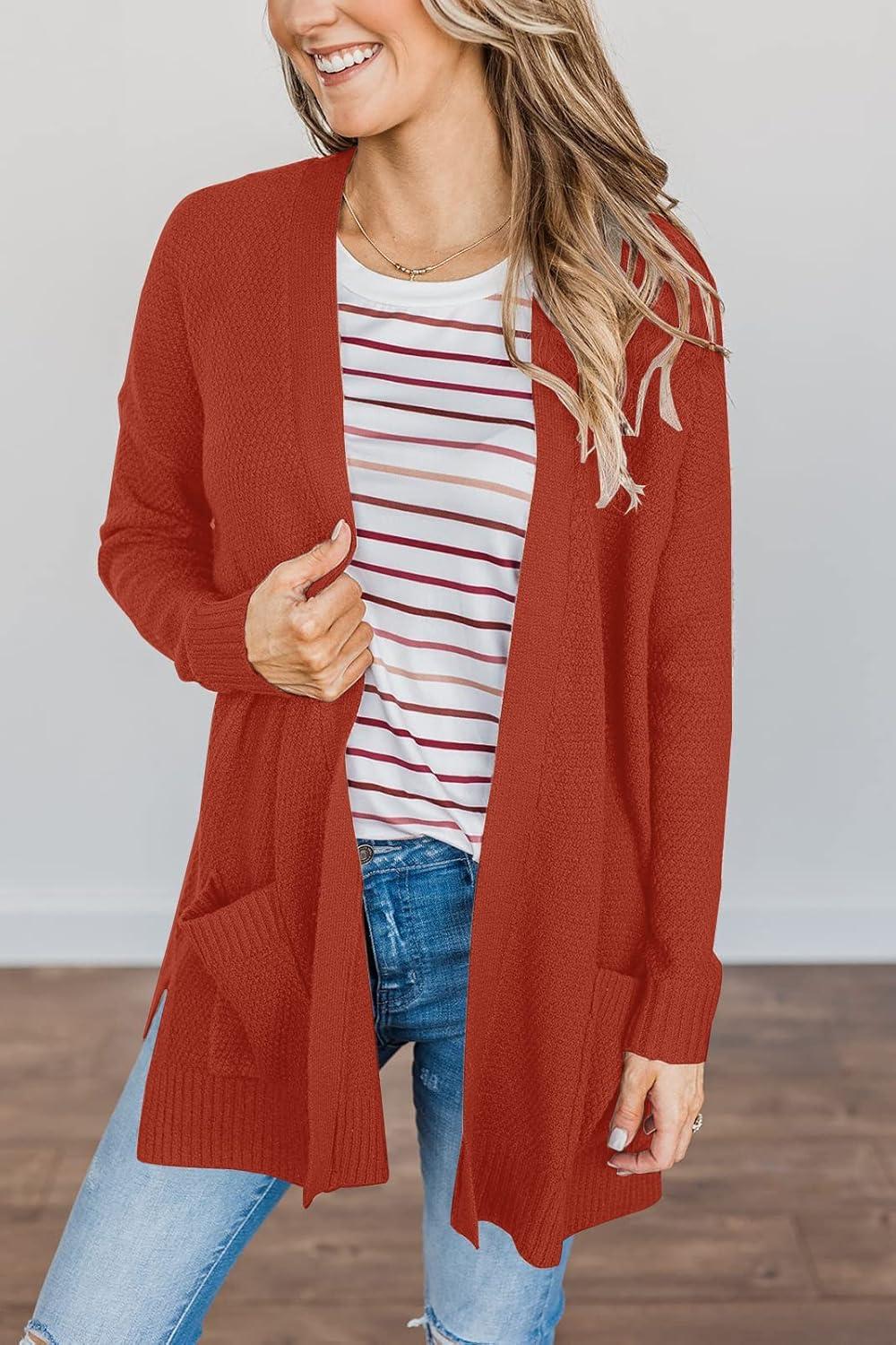 imageMEROKEETY Womens Long Sleeve Cardigan Sweaters Open Front Waffle Knit Cozy Sweater Coat with PocketsRust