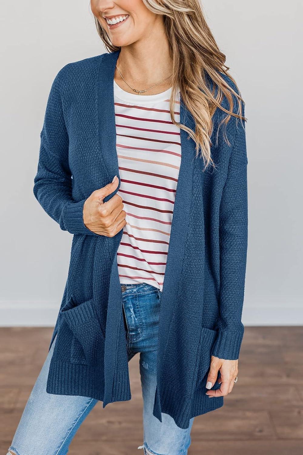 imageMEROKEETY Womens Long Sleeve Cardigan Sweaters Open Front Waffle Knit Cozy Sweater Coat with PocketsTeal