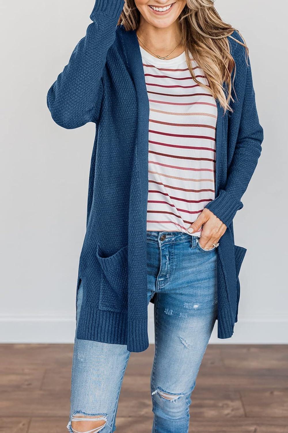 imageMEROKEETY Womens Long Sleeve Cardigan Sweaters Open Front Waffle Knit Cozy Sweater Coat with PocketsTeal